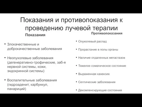 Показания и противопоказания к проведению лучевой терапии Показания Злокачественные и