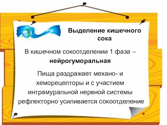 Выделение кишечного сока В кишечном сокоотделении 1 фаза – нейрогуморальная