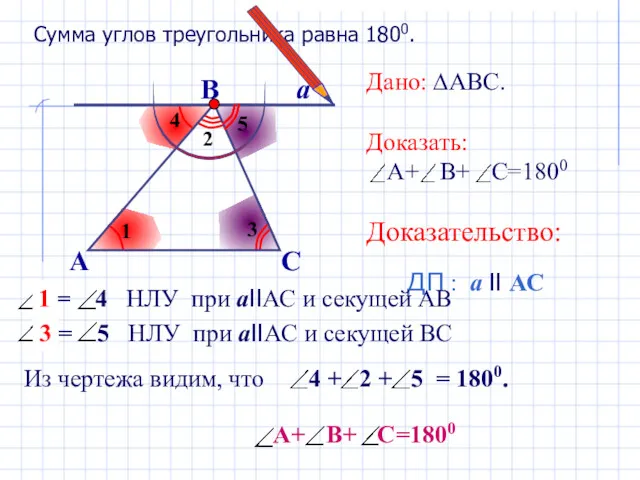 Сумма углов треугольника равна 1800. А В С а Дано: