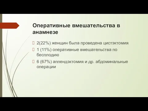 Оперативные вмешательства в анамнезе 2(22%) женщин была проведена цистэктомия 1