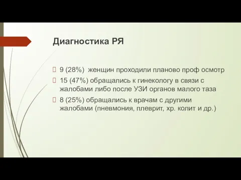 Диагностика РЯ 9 (28%) женщин проходили планово проф осмотр 15