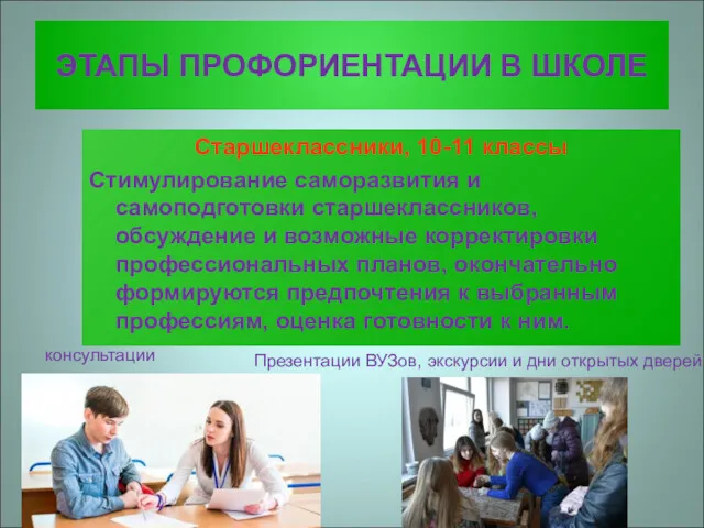 ЭТАПЫ ПРОФОРИЕНТАЦИИ В ШКОЛЕ Старшеклассники, 10-11 классы Стимулирование саморазвития и