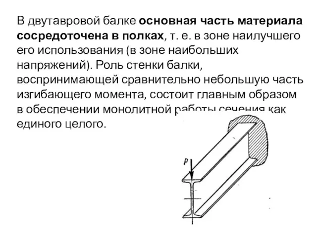 В двутавровой балке основная часть материала сосредоточена в полках, т.