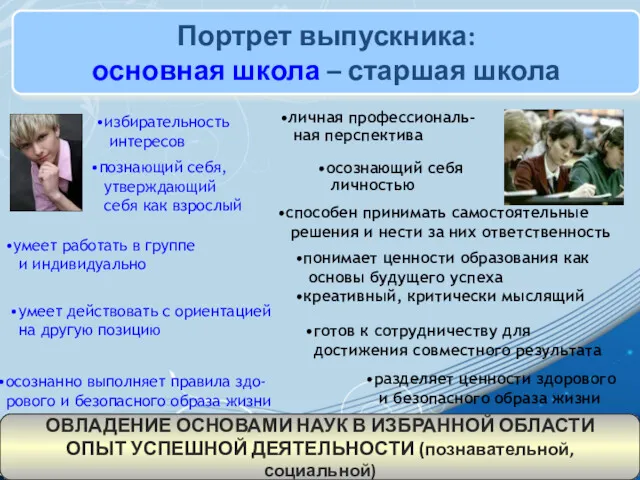 Портрет выпускника: основная школа – старшая школа ОВЛАДЕНИЕ ОСНОВАМИ НАУК