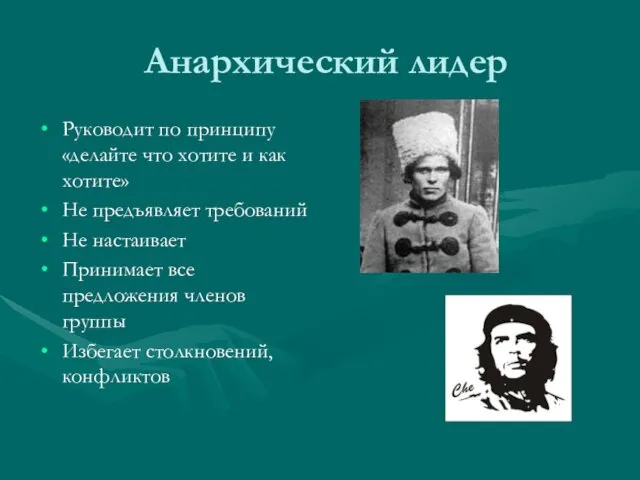 Анархический лидер Руководит по принципу «делайте что хотите и как