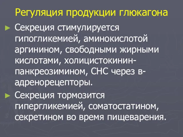 Регуляция продукции глюкагона Секреция стимулируется гипогликемией, аминокислотой аргинином, свободными жирными