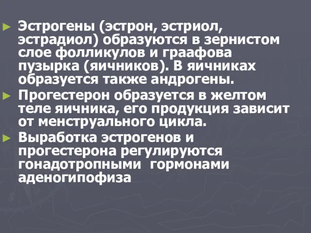 Эстрогены (эстрон, эстриол, эстрадиол) образуются в зернистом слое фолликулов и