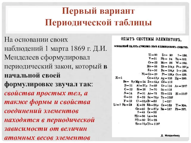 На основании своих наблюдений 1 марта 1869 г. Д.И. Менделеев сформулировал периодический закон,