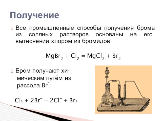 Все промышленные способы получения брома из соляных растворов основаны на