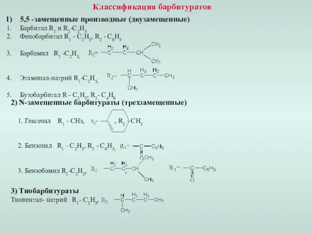 Классификация барбитуратов 5,5 -замещенные производные (двузамещенные) Барбитал R1 и R2-C2H5