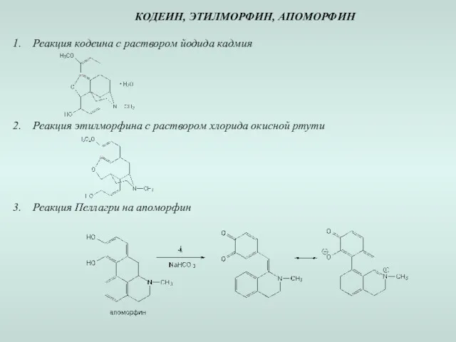 КОДЕИН, ЭТИЛМОРФИН, АПОМОРФИН Реакция кодеина с раствором йодида кадмия Реакция