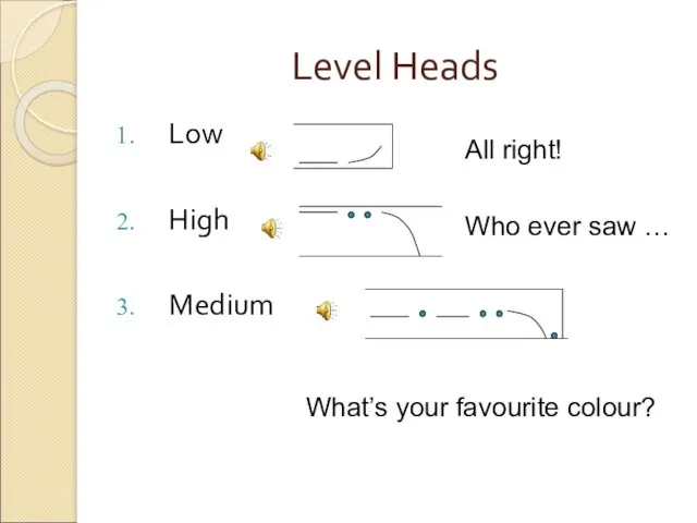 Level Heads Low High Medium All right! Who ever saw … What’s your favourite colour?