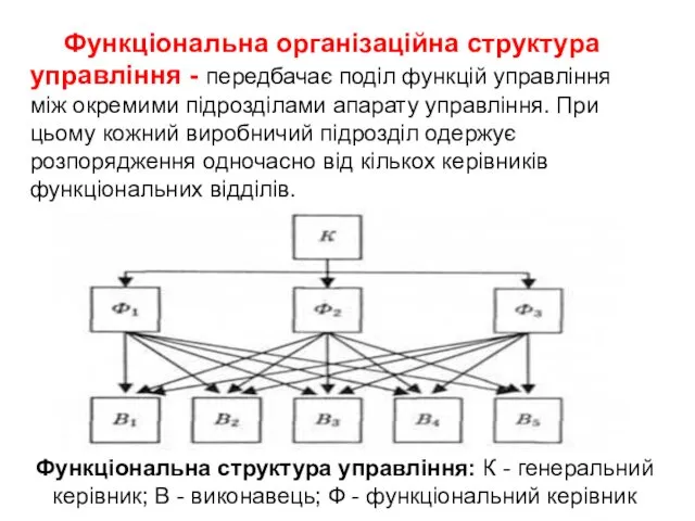 Функціональна організаційна структура управління - передбачає поділ функцій управління між