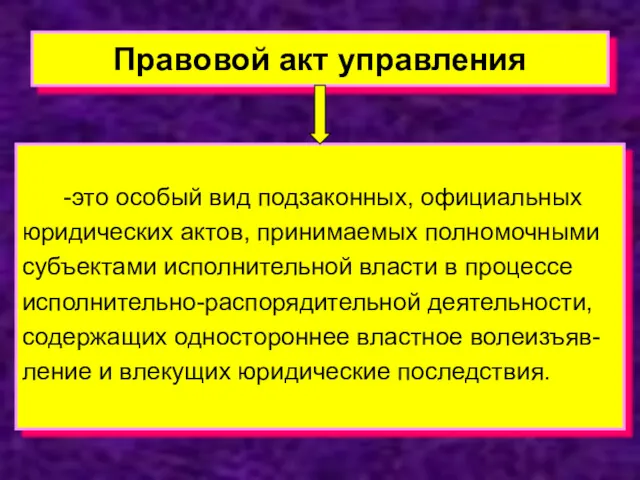 Правовой акт управления -это особый вид подзаконных, официальных юридических актов,