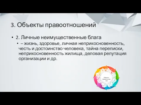 3. Объекты правоотношений 2. Личные неимущественные блага – жизнь, здоровье,