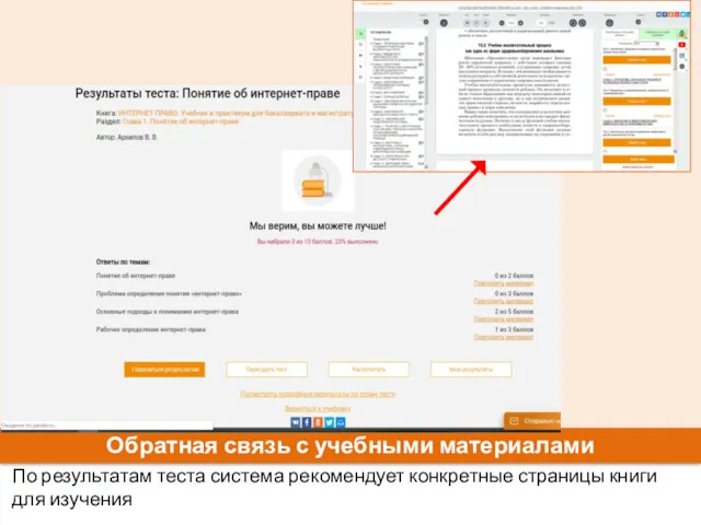 Обратная связь с учебными материалами По результатам теста система рекомендует конкретные страницы книги для изучения