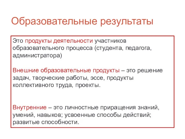 Образовательные результаты Это продукты деятельности участников образовательного процесса (студента, педагога,