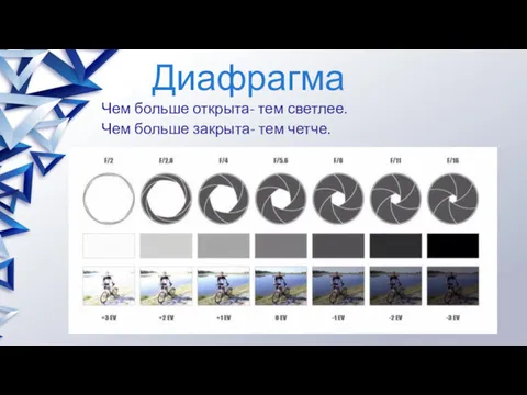 Диафрагма Чем больше открыта- тем светлее. Чем больше закрыта- тем четче.