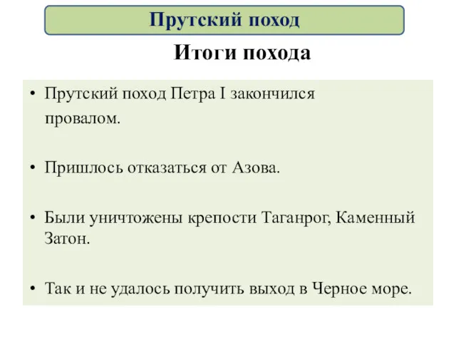 Итоги похода Прутский поход Петра I закончился провалом. Пришлось отказаться