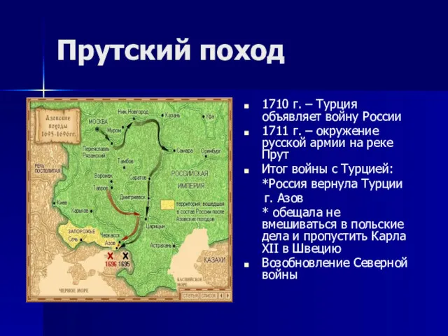 Прутский поход 1710 г. – Турция объявляет войну России 1711 г. – окружение