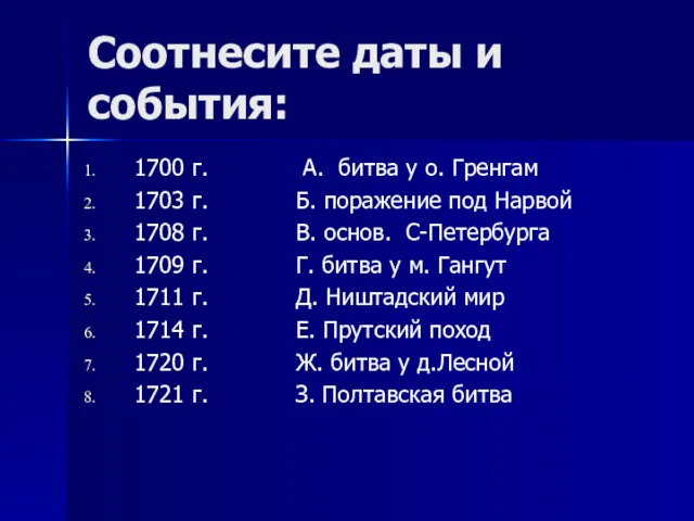 Соотнесите даты и события: 1700 г. А. битва у о. Гренгам 1703 г.