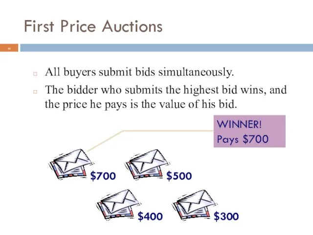 First Price Auctions All buyers submit bids simultaneously. The bidder