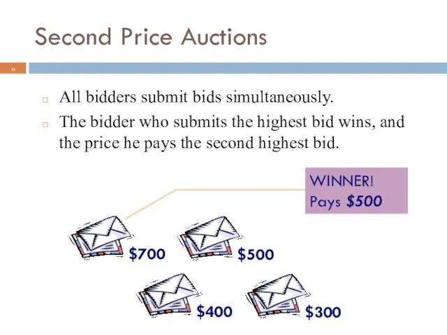 Second Price Auctions All bidders submit bids simultaneously. The bidder