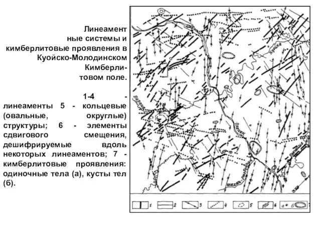 Линеаментные системы и кимберлитовые проявления в Куойско-Молодинском Кимберли-товом поле. 1-4