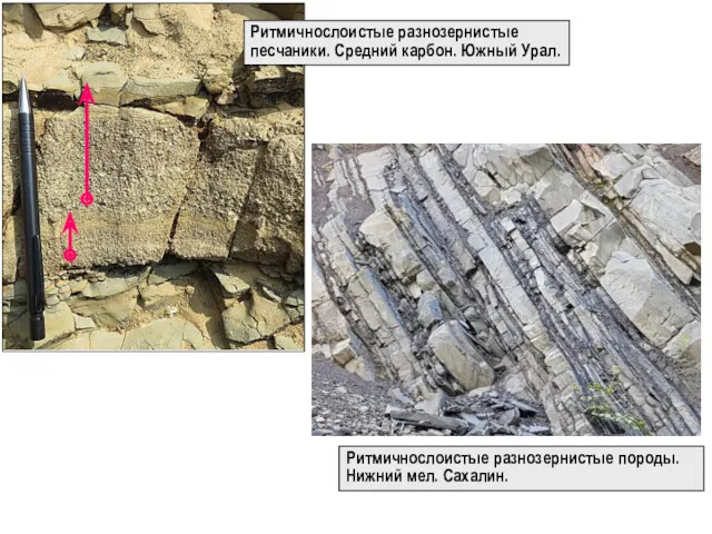 Ритмичнослоистые разнозернистые песчаники. Средний карбон. Южный Урал. Ритмичнослоистые разнозернистые породы. Нижний мел. Сахалин.