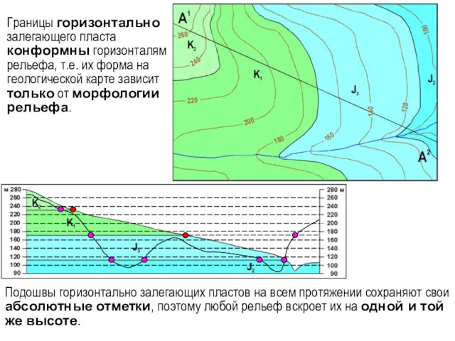 Границы горизонтально залегающего пласта конформны горизонталям рельефа, т.е. их форма