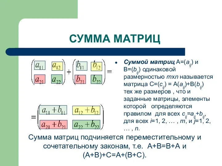 СУММА МАТРИЦ Суммой матриц A=(aij) и B=(bij) одинаковой размерностью mxn