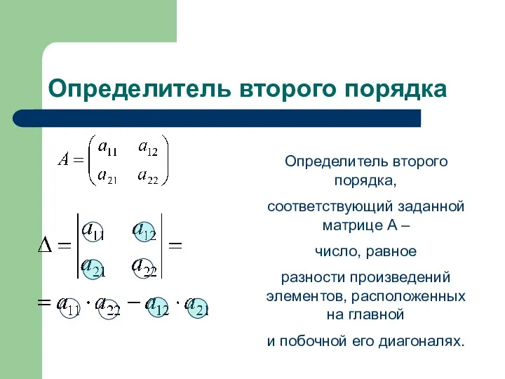 Определитель второго порядка Определитель второго порядка, соответствующий заданной матрице A