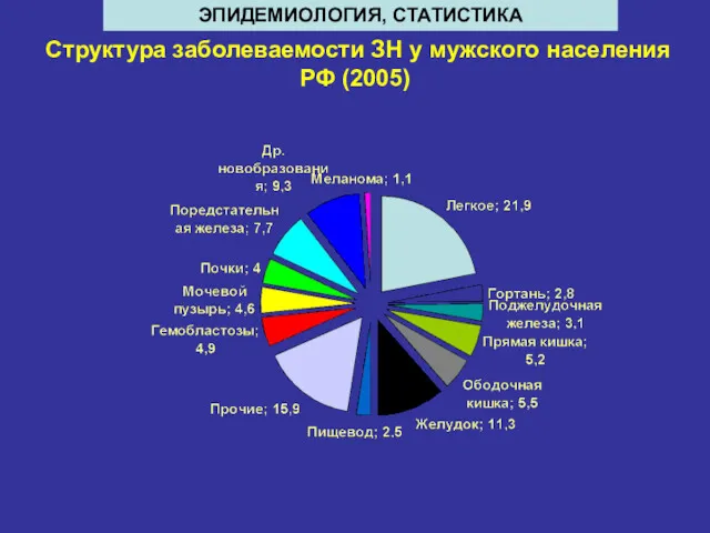 Структура заболеваемости ЗН у мужского населения РФ (2005) ЭПИДЕМИОЛОГИЯ, СТАТИСТИКА