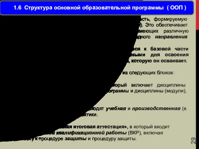 ООП включает обязательную часть (базовую) и часть, формируемую участниками образовательных