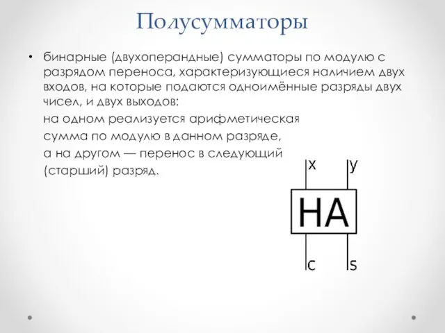 Полусумматоры бинарные (двухоперандные) сумматоры по модулю с разрядом переноса, характеризующиеся