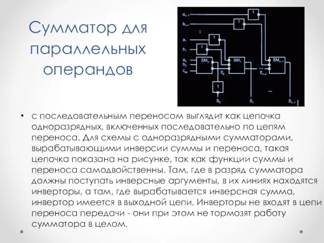 Сумматор для параллельных операндов с последовательным переносом выглядит как цепочка