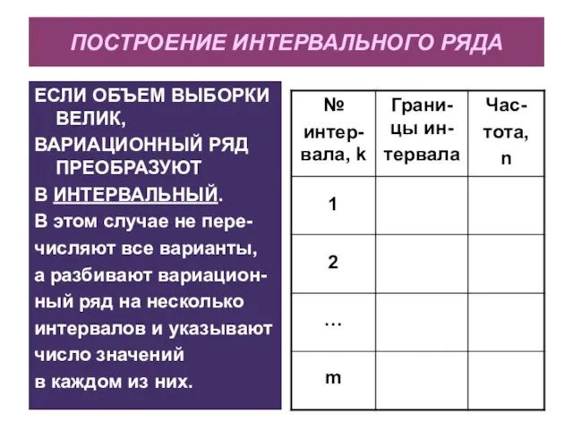 ПОСТРОЕНИЕ ИНТЕРВАЛЬНОГО РЯДА ЕСЛИ ОБЪЕМ ВЫБОРКИ ВЕЛИК, ВАРИАЦИОННЫЙ РЯД ПРЕОБРАЗУЮТ