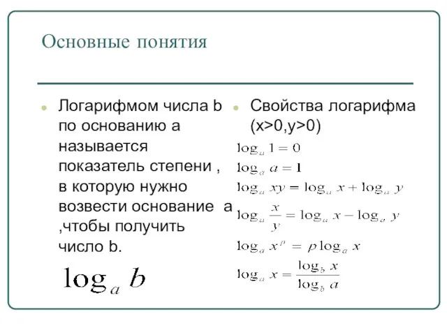 Основные понятия Логарифмом числа b по основанию a называется показатель