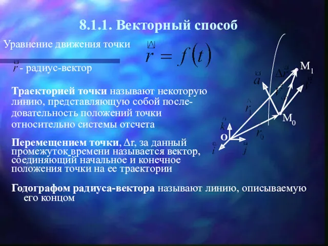 8.1.1. Векторный способ Уравнение движения точки - радиус-вектор Траекторией точки