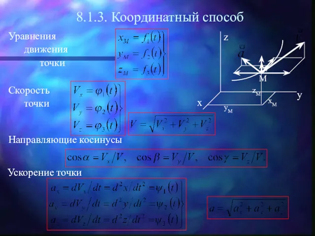 8.1.3. Координатный способ Уравнения движения точки z x y M