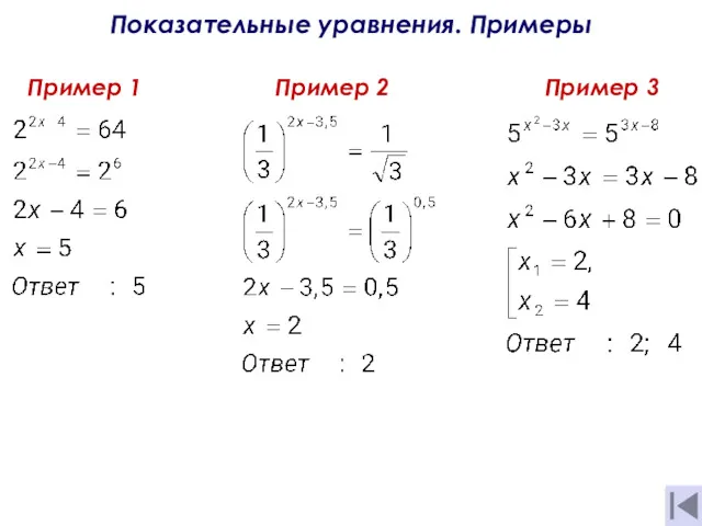 Показательные уравнения. Примеры Пример 1 Пример 2 Пример 3