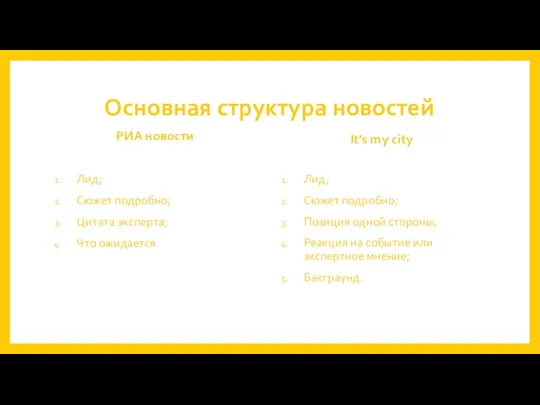 Основная структура новостей РИА новости Лид; Сюжет подробно; Цитата эксперта;