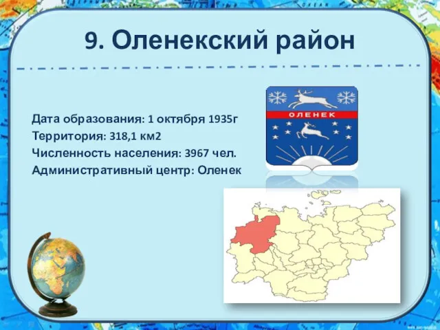 9. Оленекский район Дата образования: 1 октября 1935г Территория: 318,1