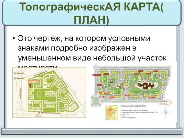 ТопографическАЯ КАРТА( ПЛАН) Это чертеж, на котором условными знаками подробно