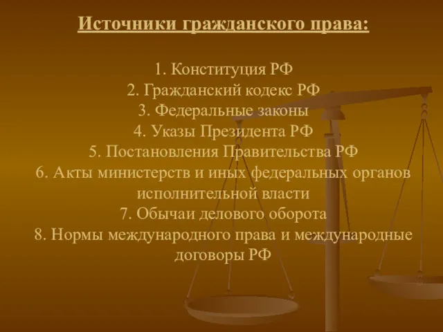 Источники гражданского права: 1. Конституция РФ 2. Гражданский кодекс РФ