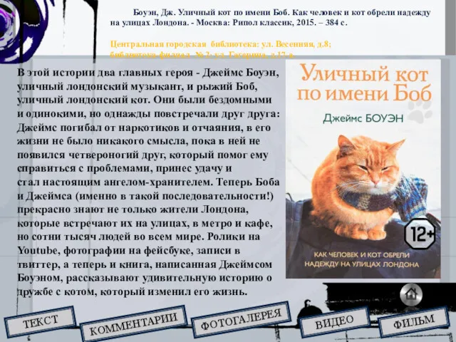 Боуэн, Дж. Уличный кот по имени Боб. Как человек и кот обрели надежду