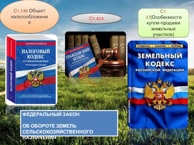 Ст. 37(Особенности купли-продажи земельных участков) Ст.454 Ст.146 Объект налогообложения ФЕДЕРАЛЬНЫЙ ЗАКОН ОБ ОБОРОТЕ ЗЕМЕЛЬ СЕЛЬСКОХОЗЯЙСТВЕННОГО НАЗНАЧЕНИЯ