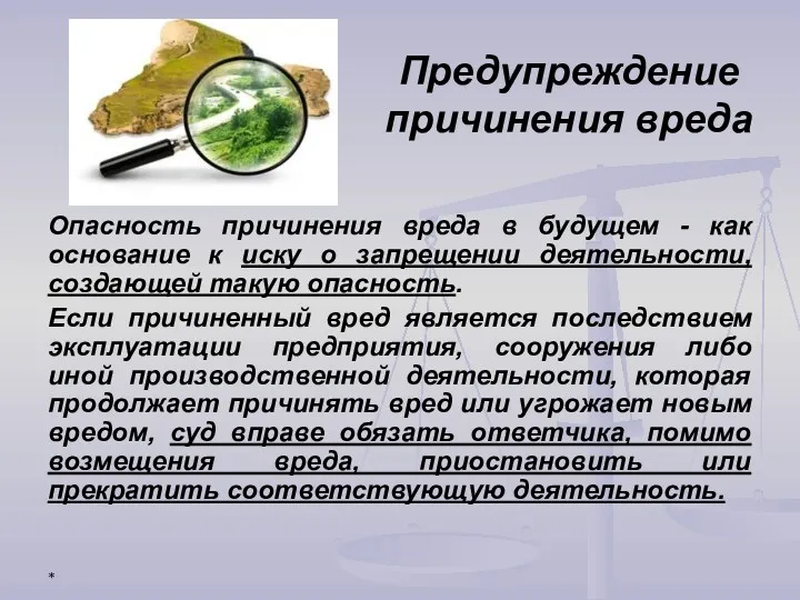 * Предупреждение причинения вреда Опасность причинения вреда в будущем -