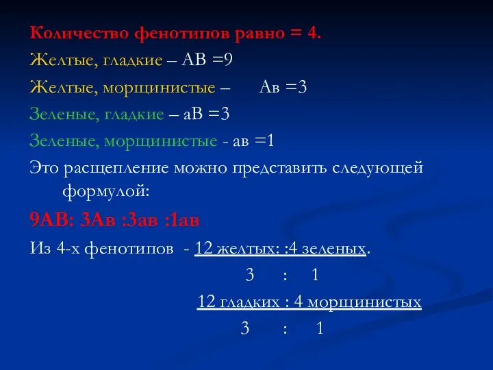 Количество фенотипов равно = 4. Желтые, гладкие – АВ =9