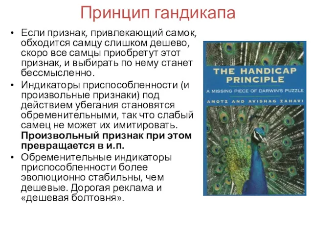 Принцип гандикапа Если признак, привлекающий самок, обходится самцу слишком дешево,